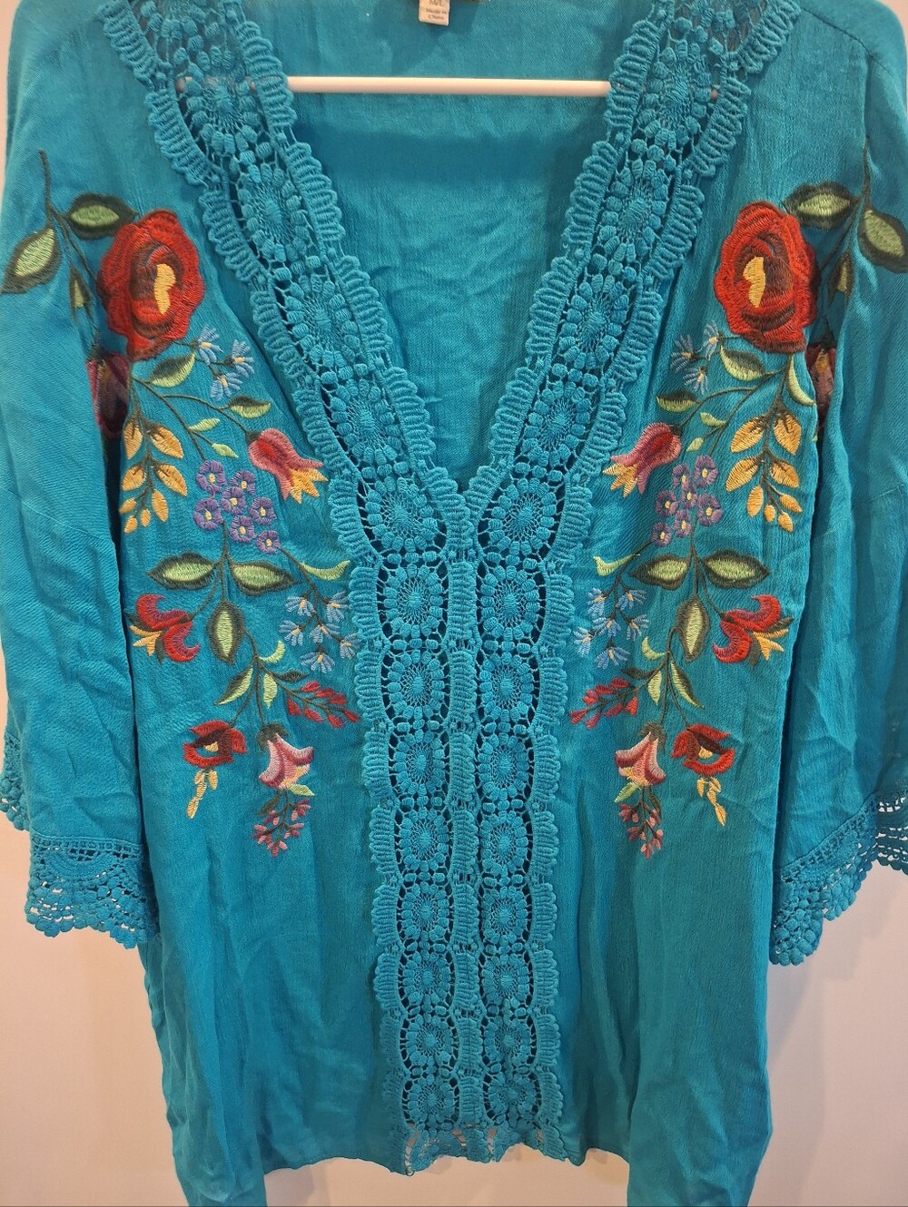 Umgee Teal Embroidered Crochet V-Neck Tunic